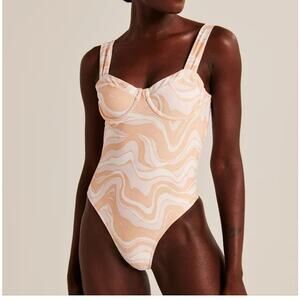 Abercrombie & Fitch Swirl Print Underwire One Piece Swimsuit Cream Pink M